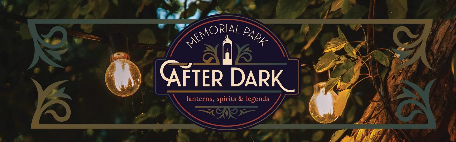 Promotional banner reading Memorial Park After Dark with string lights and tree foliage in the background.