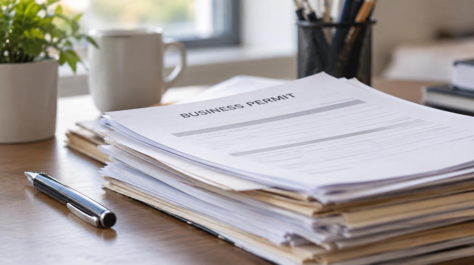 Stack of government permit documents on a desk beside a pen.