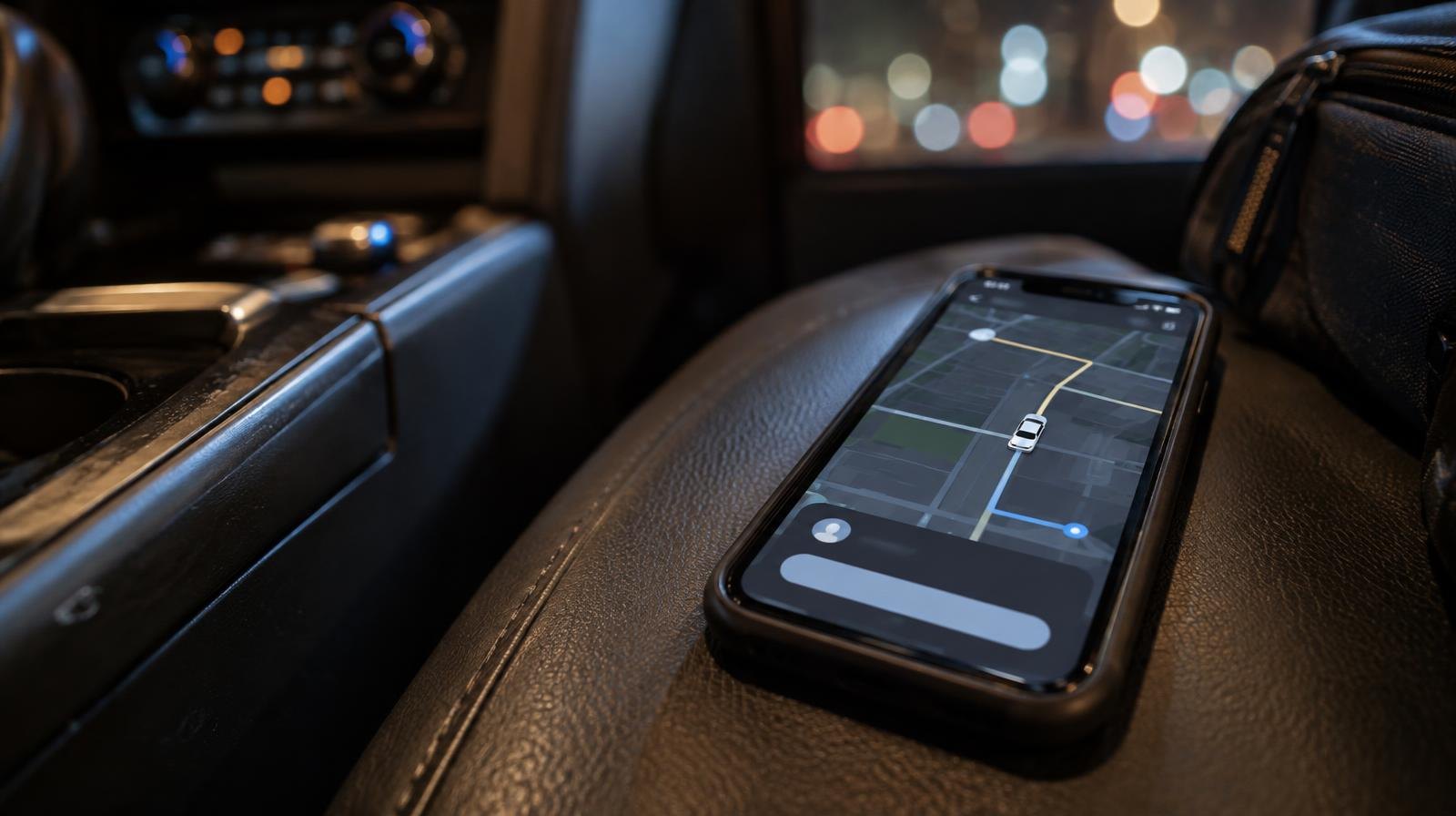 Smartphone displaying a rideshare map app resting on a car seat at night.