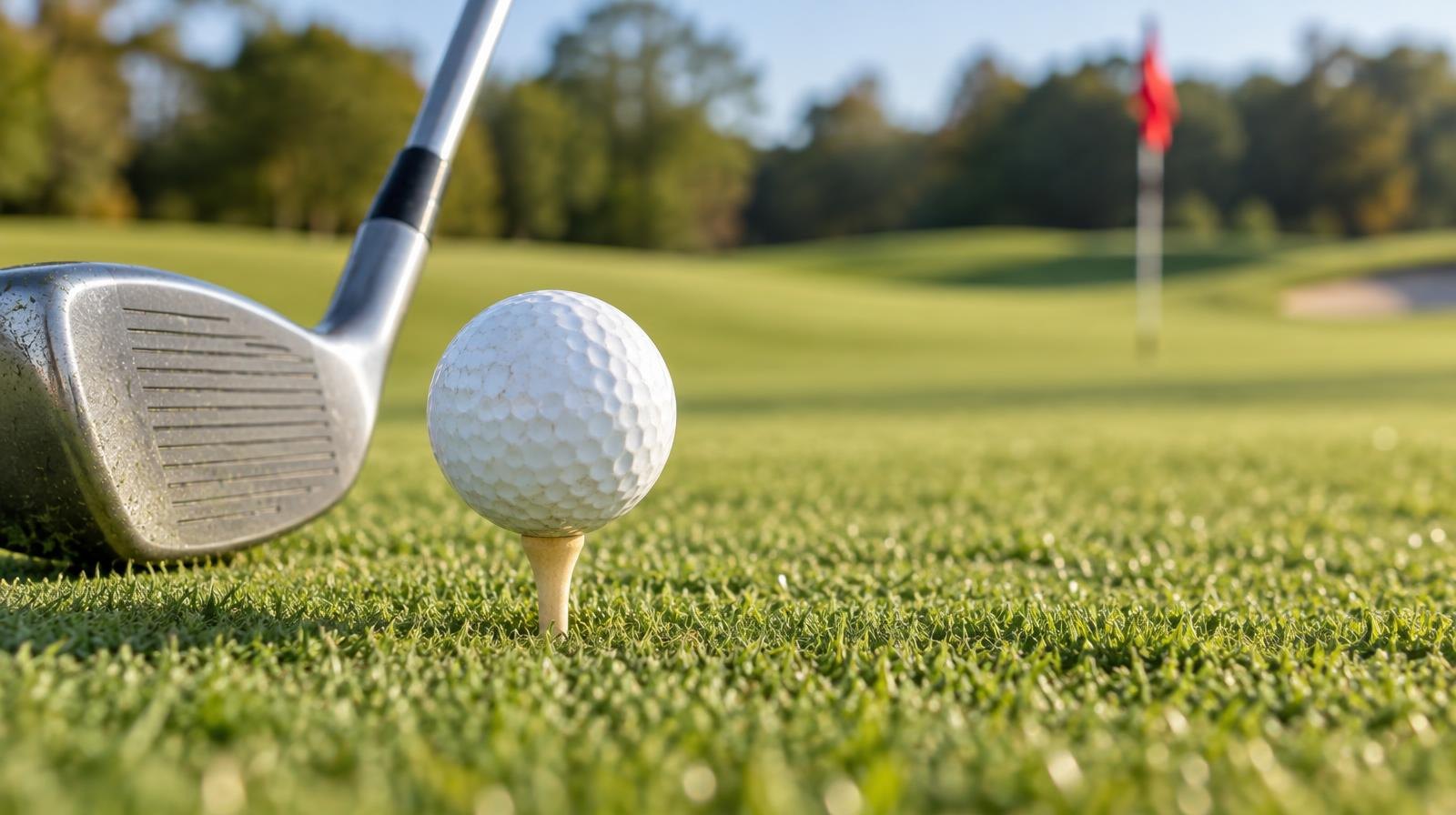 A golf ball on a tee beside a club head on a fairway with a distant flagstick.