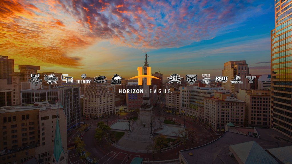 Promotional graphic showing the Horizon League logo and member school marks over a city skyline at sunset.