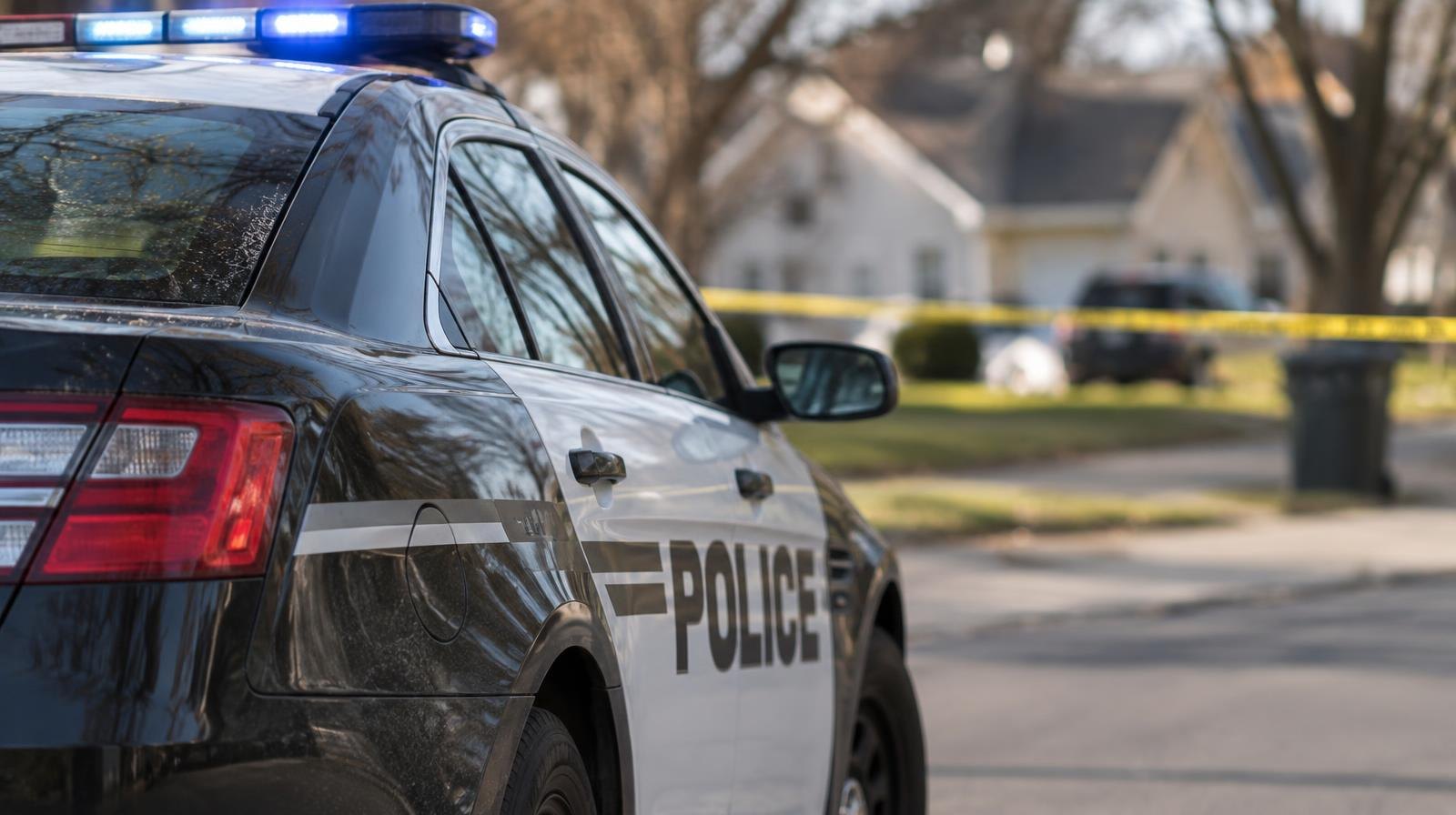 A marked police patrol car parked on a quiet suburban street with yellow tape visible.