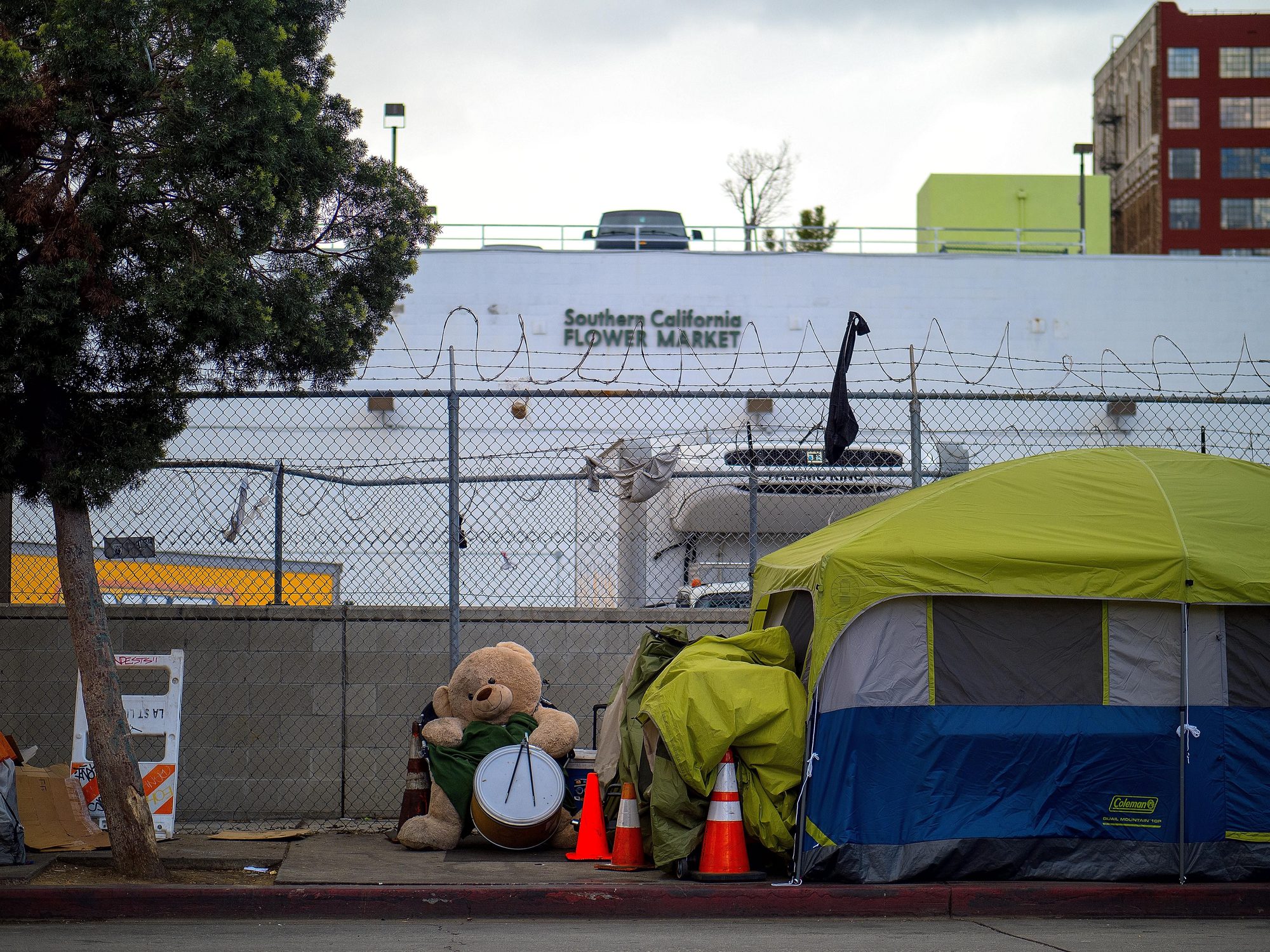 Street scene of homelessness in Los Angeles near Southern California Flower Market.