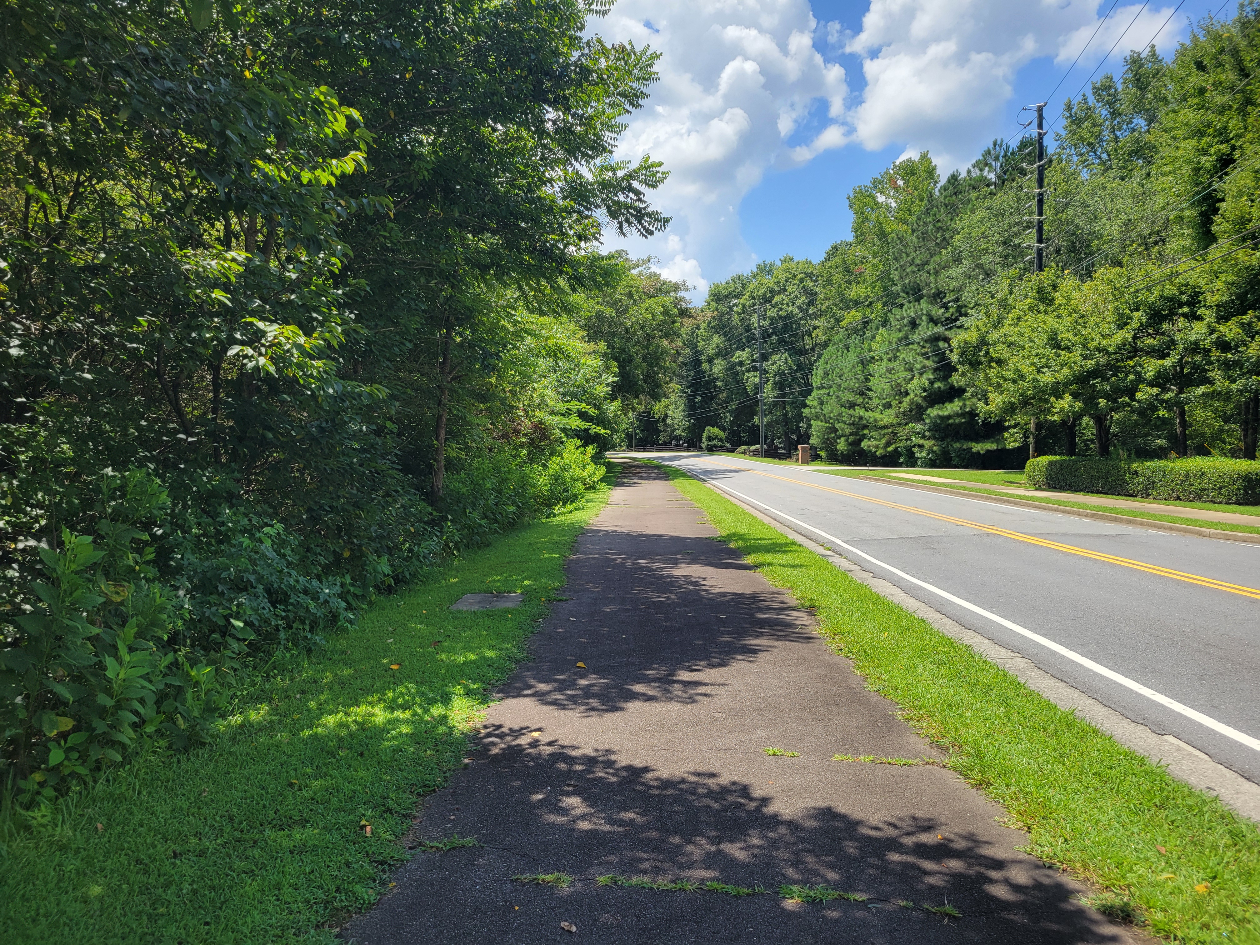 Paved multi-use trail running alongside a tree-lined two-lane road.