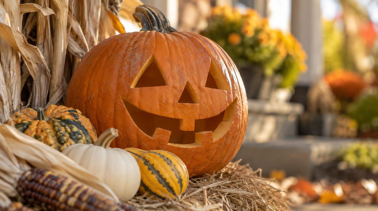 A carved jack-o'-lantern pumpkin beside autumn gourds and dried corn stalks outdoors.