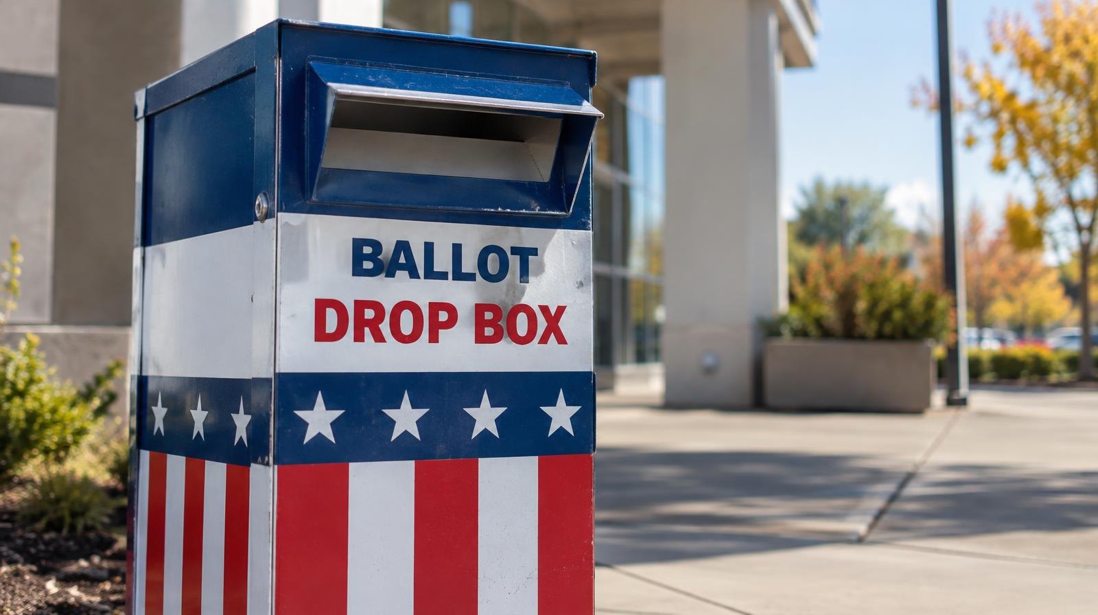 A red, white, and blue ballot drop box on a sidewalk outside a building.
