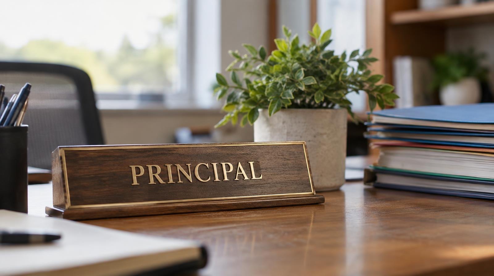 Wooden nameplate on a desk beside a stack of folders and a small plant.