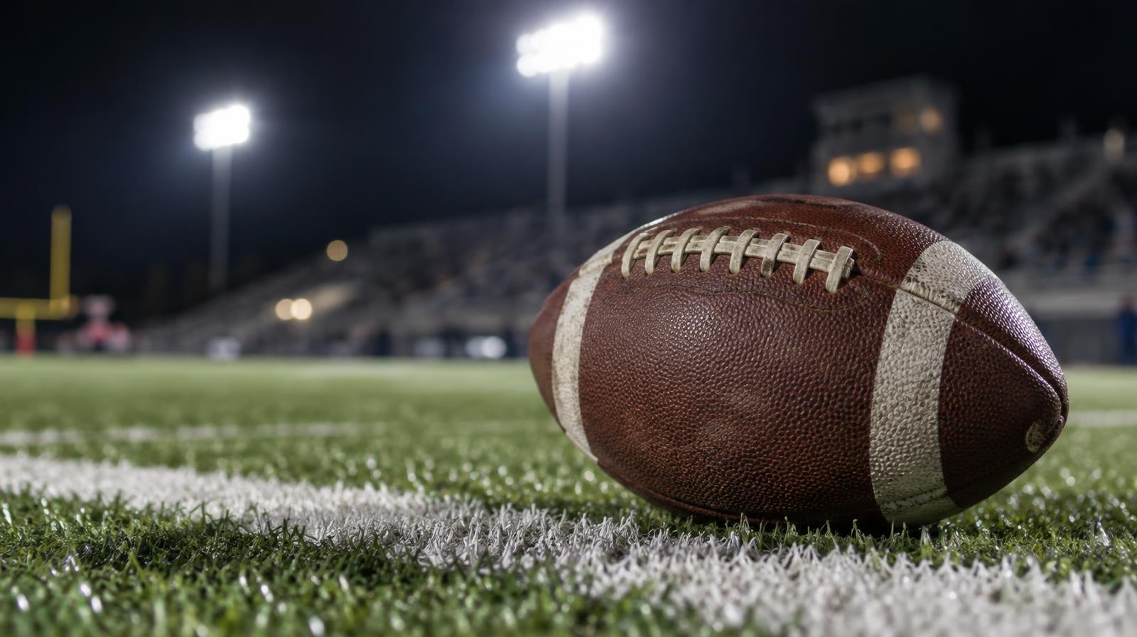 An American football on green artificial turf beside a white yard line under bright stadium lights.