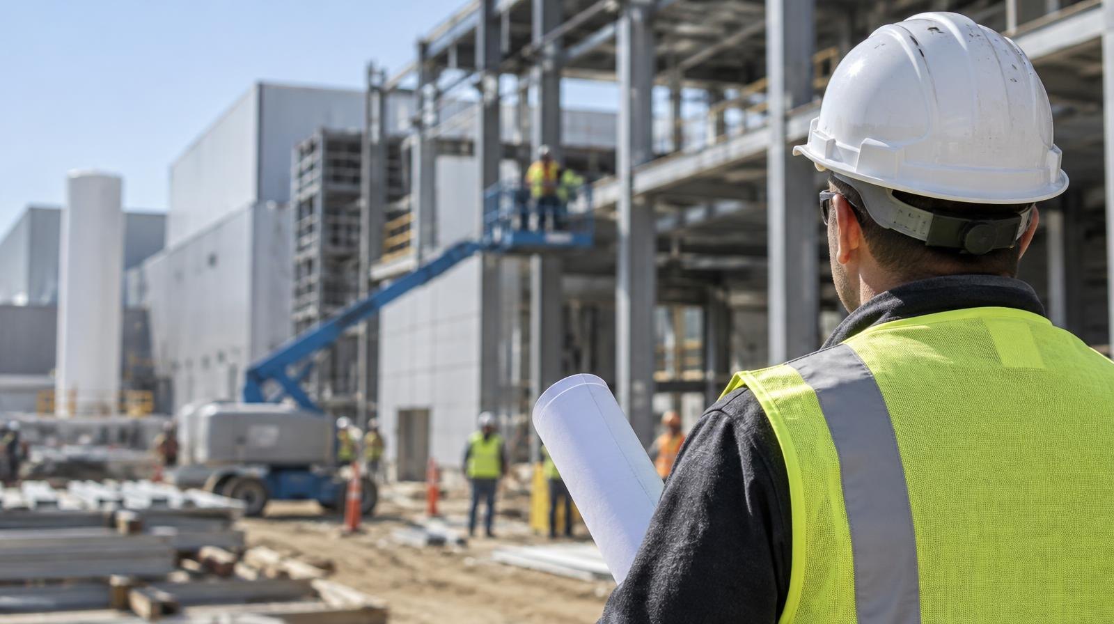 Steel framework of a large modern pharmaceutical manufacturing facility under a clear sky.