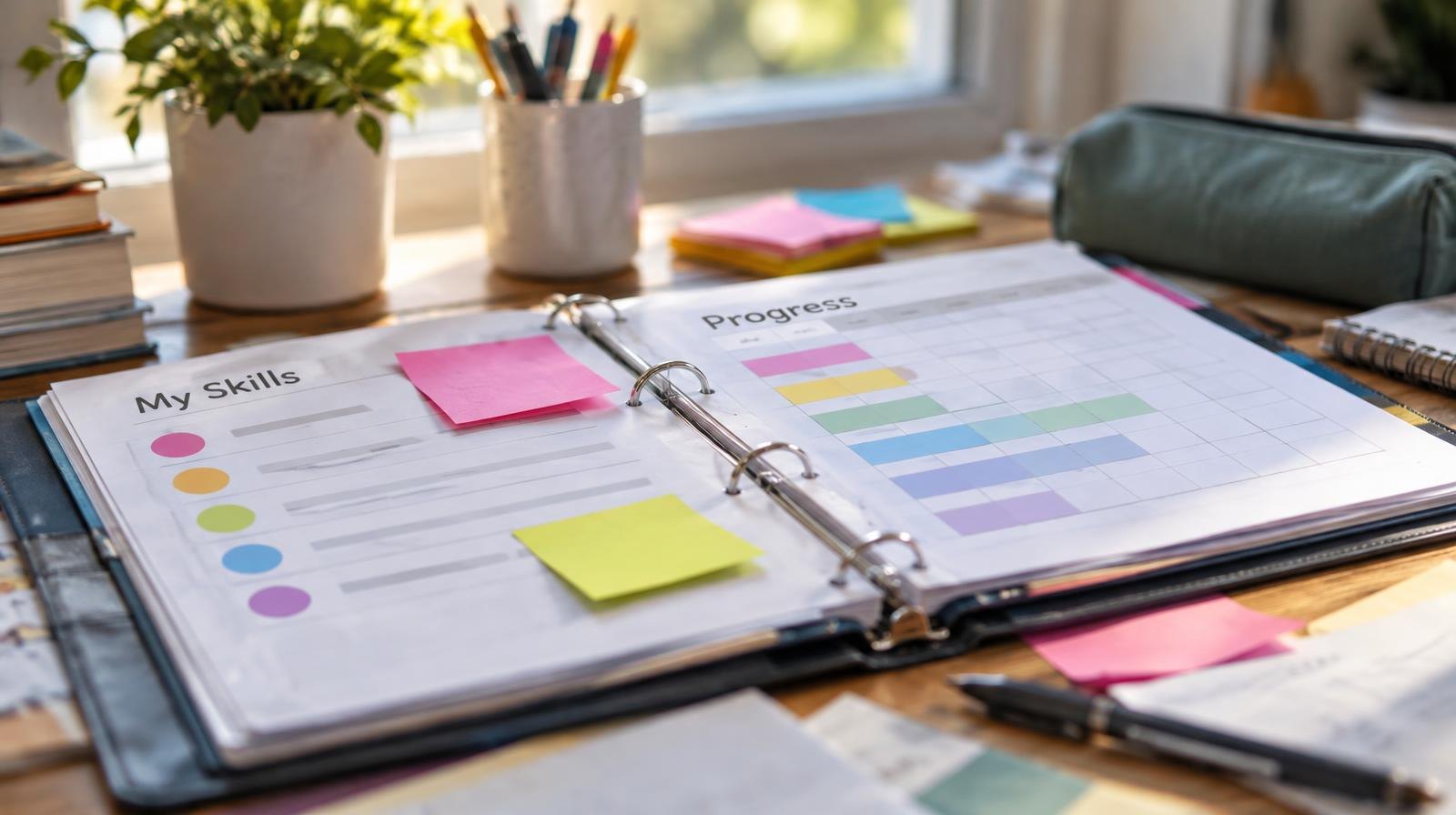 Open binder with colorful worksheets and sticky notes spread across a desk in natural light.