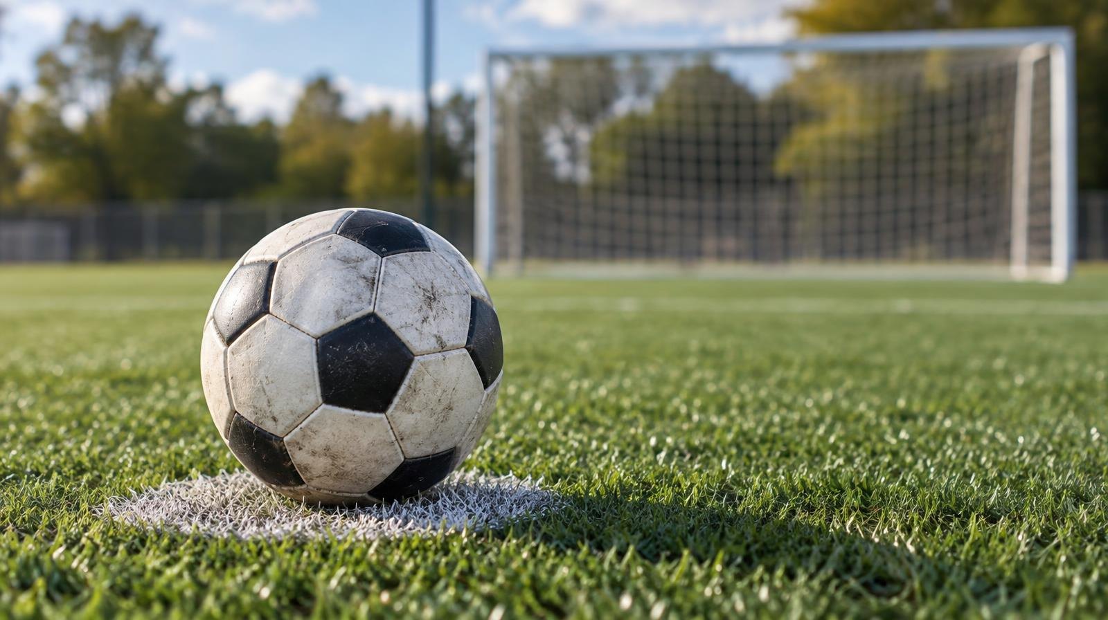 A soccer ball sits on a painted white spot on a green grass field near a goal.