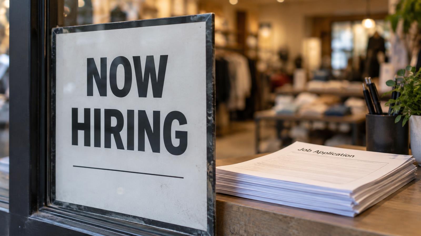 A Now Hiring sign in a retail store window beside job application forms.
