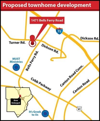 Street map with a red pin marking 1471 Bells Ferry Road near Interstate 75 and Cobb Parkway.
