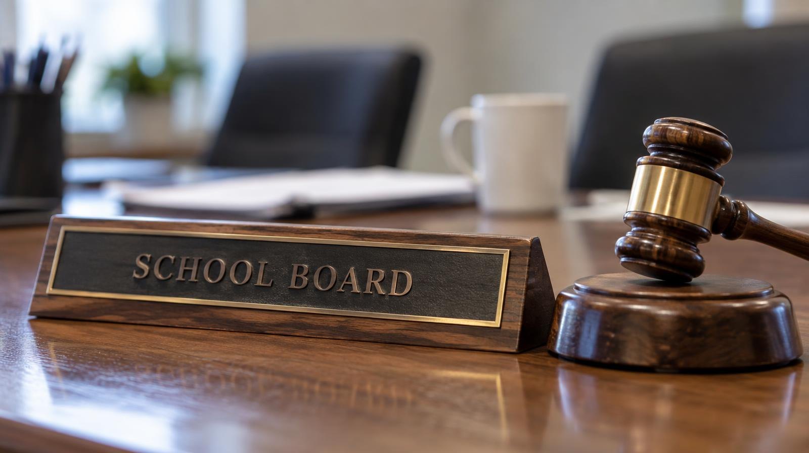 Wooden gavel and nameplate resting on a polished conference table.