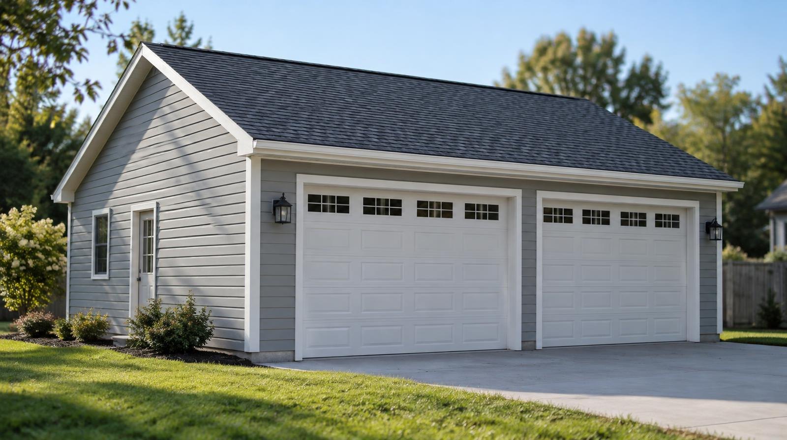 A large detached garage with wide doors on a green suburban lot.