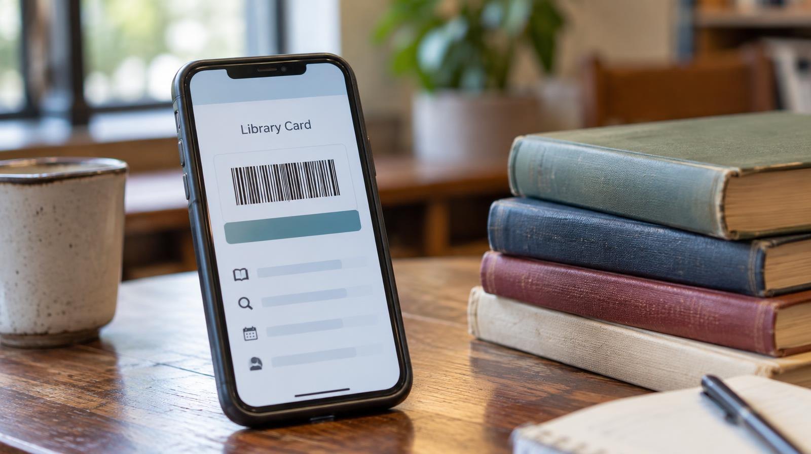 A smartphone showing a library app barcode screen beside a stack of books on a wooden table.