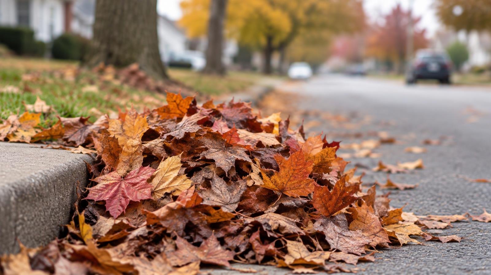 A pile of dry autumn leaves raked to the curb on a residential street.