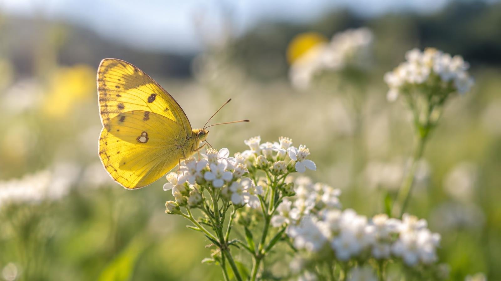 Yellow butterfly perched on small white wildflowers in a sunlit meadow.