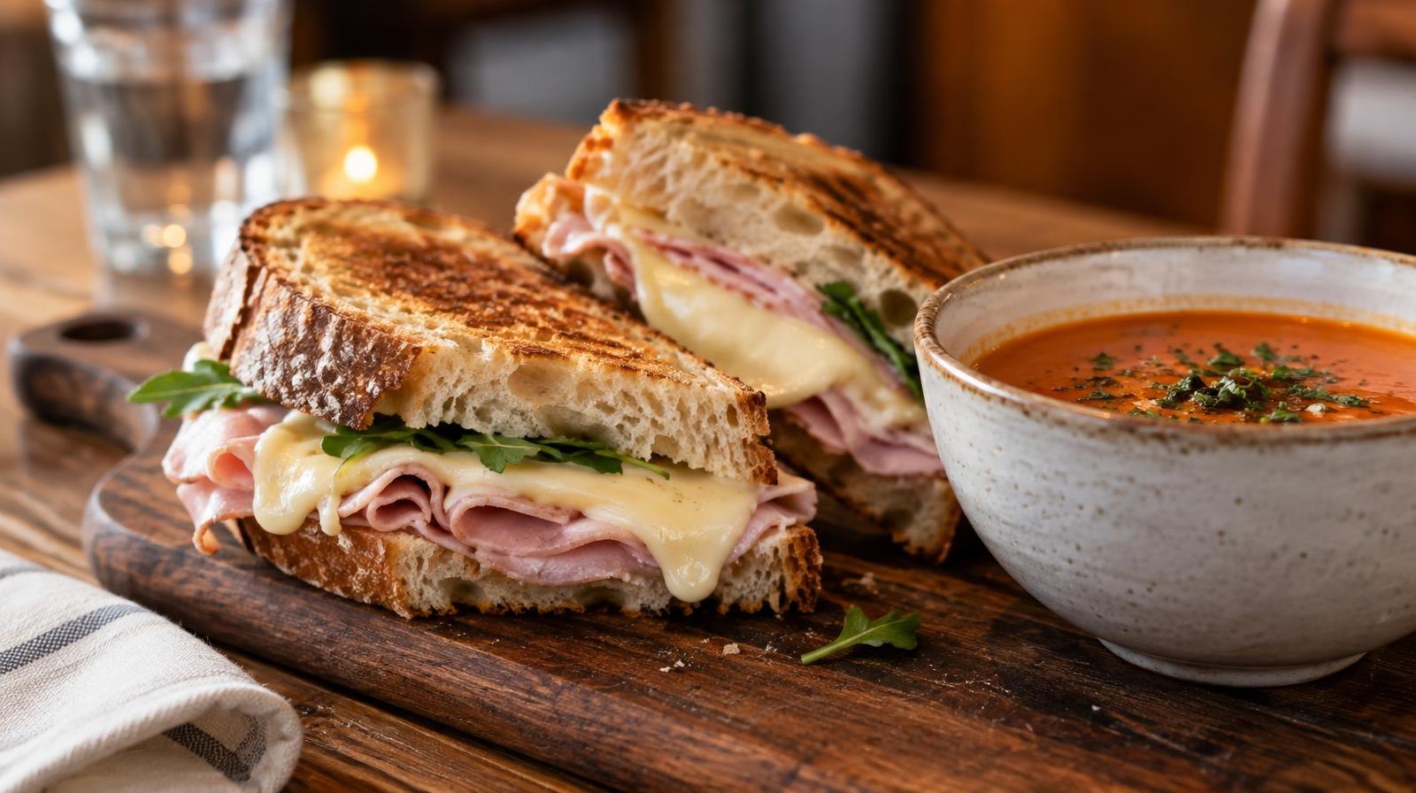 A deli sandwich on sourdough bread with melted cheese beside a bowl of soup.