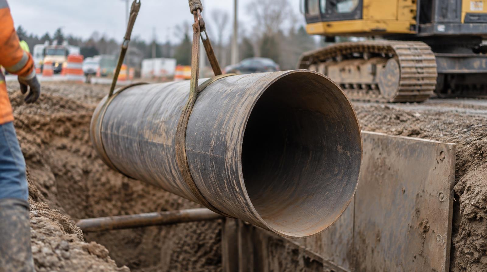 Large steel pipe segment being lowered into a deep construction excavation pit.