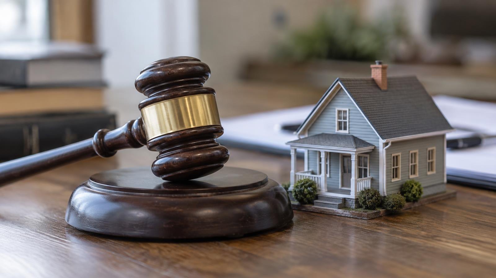Wooden gavel on sound block next to a small model house.