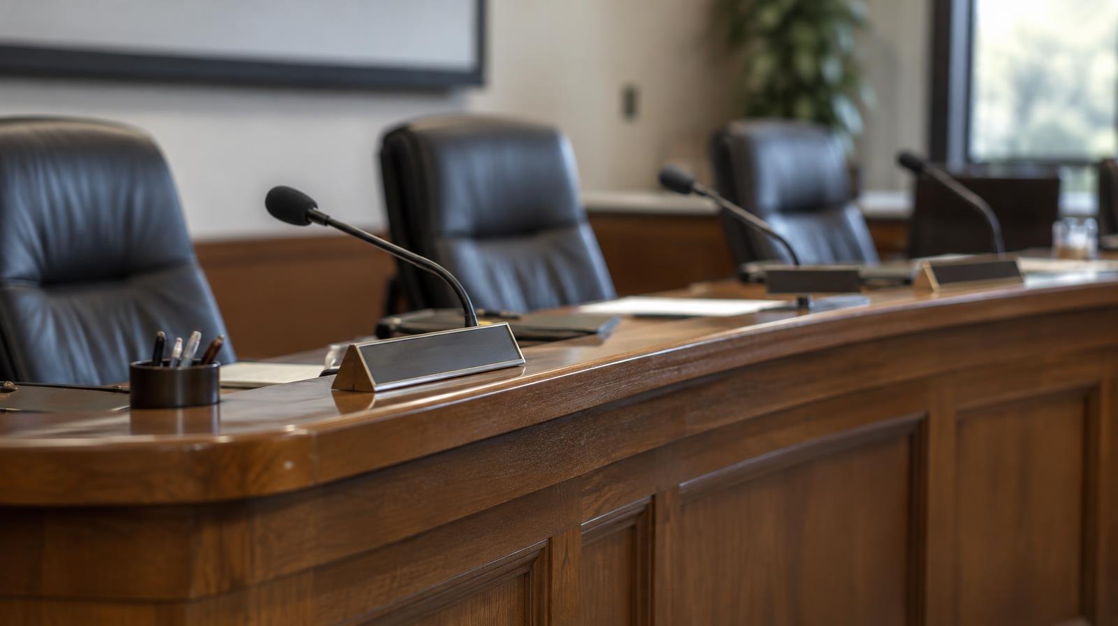 Empty curved dais with name placards and microphones in a meeting room.
