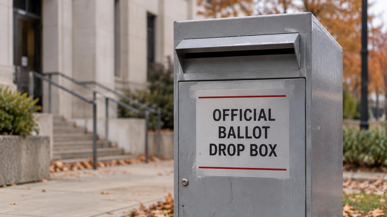 A gray metal ballot drop box with a slot at the top on a sidewalk.
