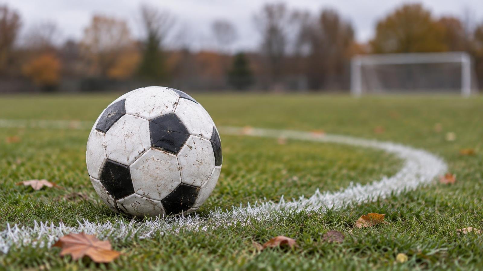 A soccer ball resting on the painted center circle of a grass soccer field.