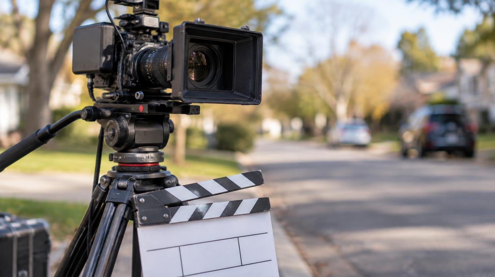 Professional movie camera on a tripod with a clapperboard resting against it outdoors.