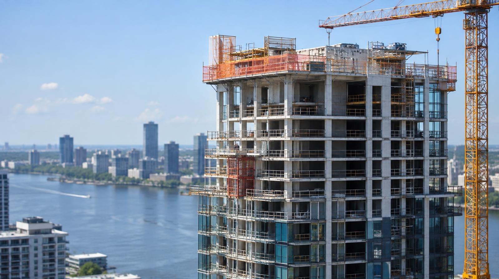A tall residential tower under construction with a crane against a blue sky near a river.