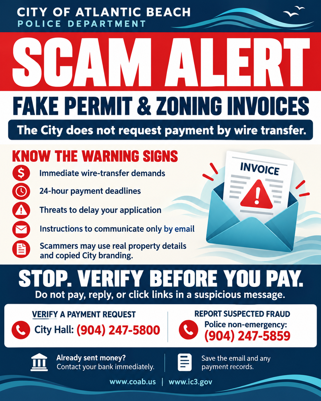 Official scam alert flyer warning about fake permit and zoning invoices