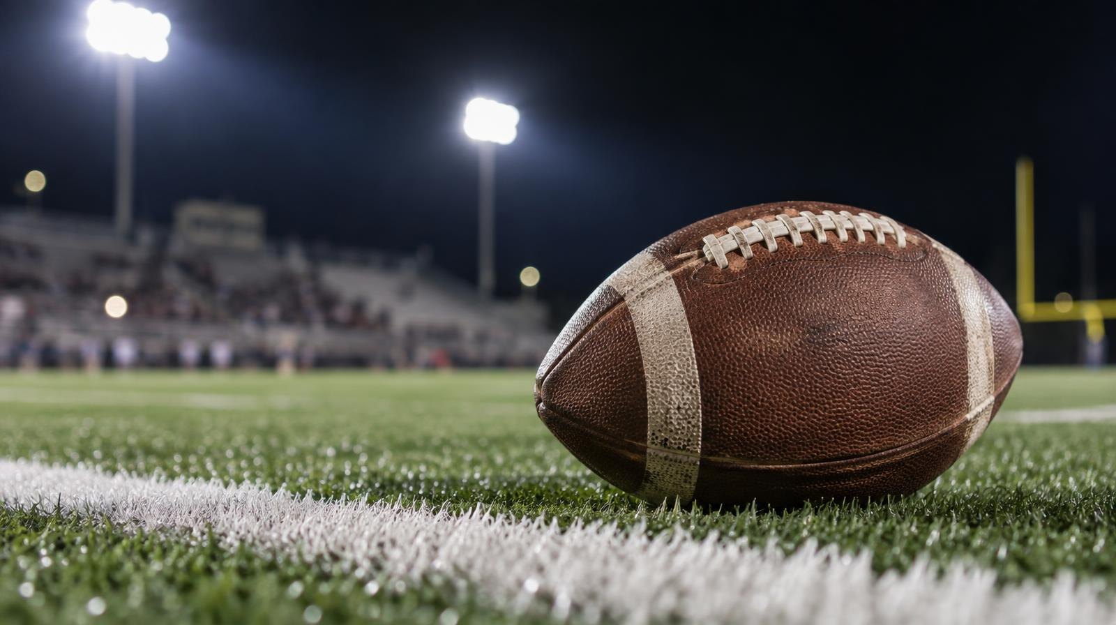 An American football on green turf beside a white yard line under bright lights.
