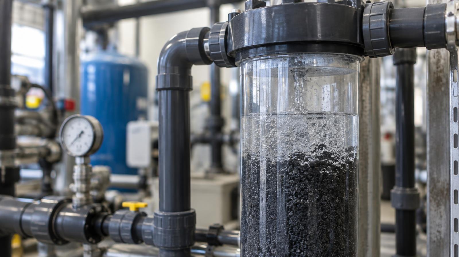 Close-up of industrial water filtration pipes with clear water flowing through filter media.