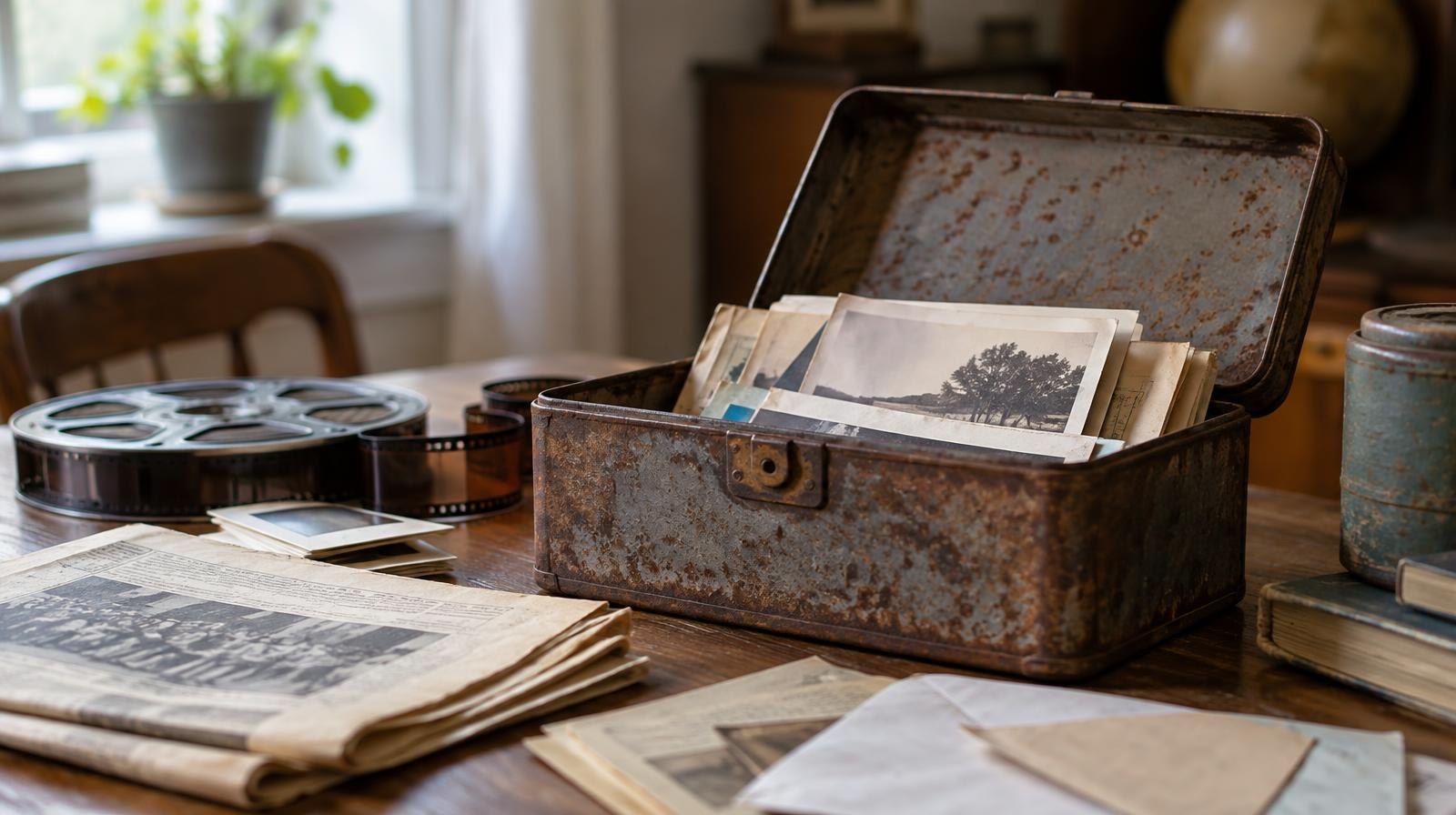 Open rusted metal box with old papers, a film reel, and newspaper clippings on a table.