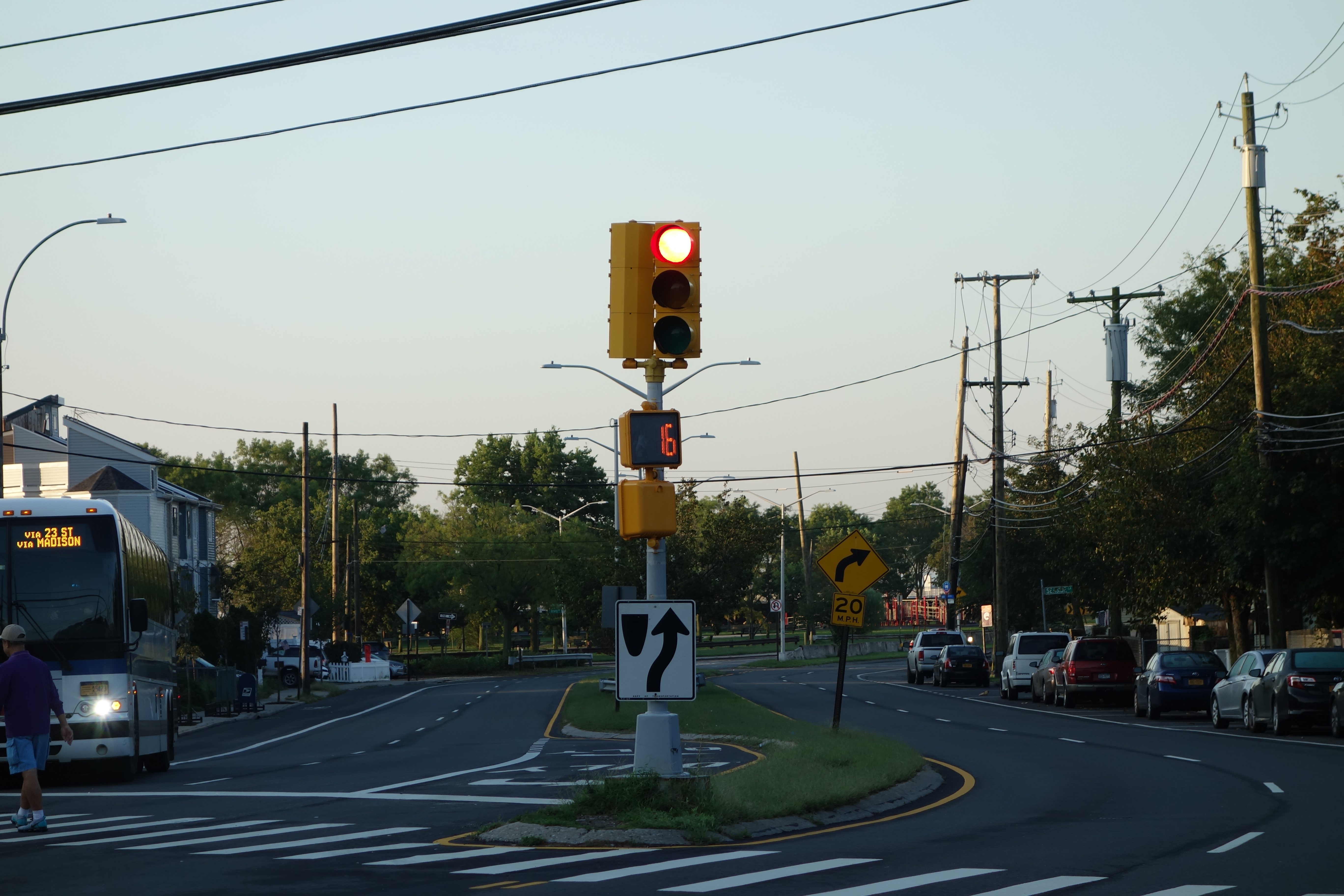 Traffic signal and pedestrian countdown signal on a pole at a busy intersection.