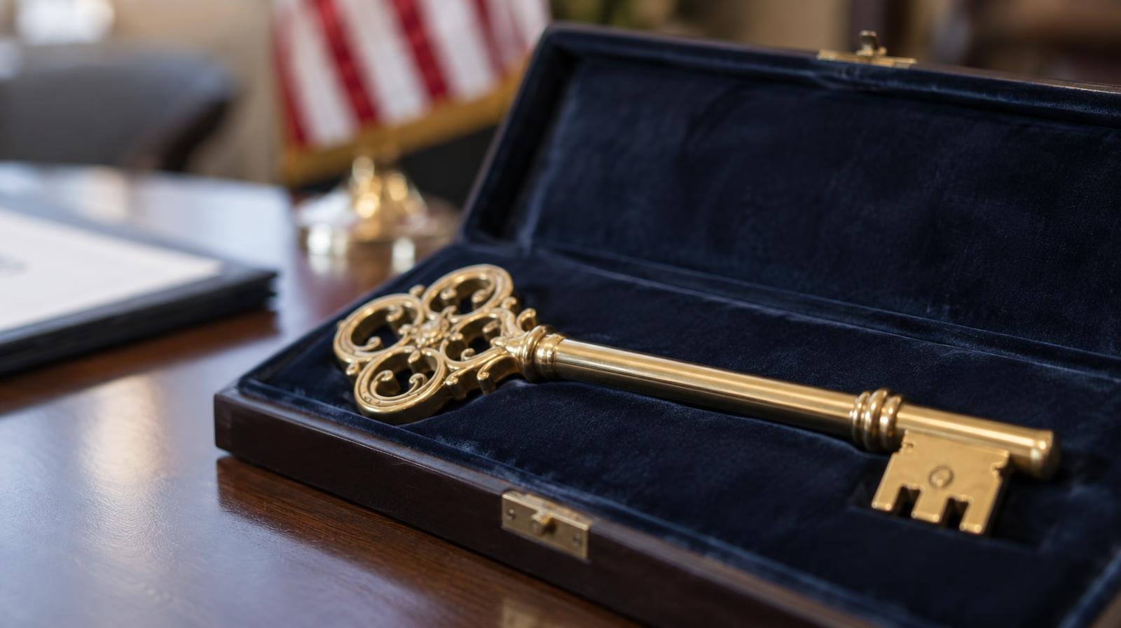 An ornate brass skeleton key resting in a velvet presentation box.