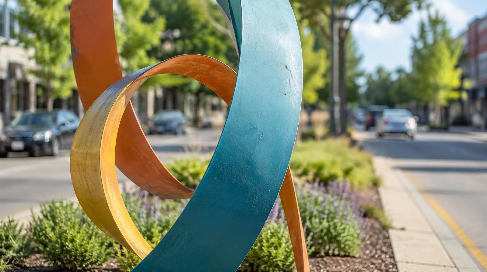 Colorful abstract sculpture in a landscaped urban street median.