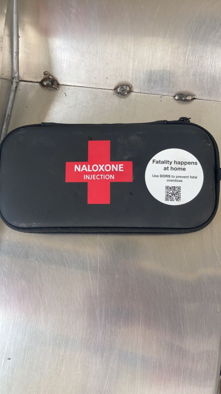 Naloxone injection kit, pictured at a train station in Calgary, Canada