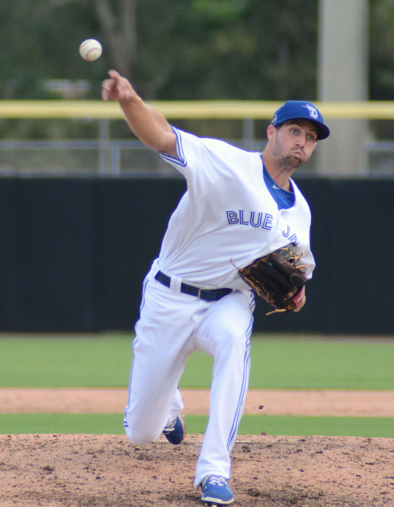 A right-handed pitcher in a white Dunedin Blue Jays uniform mid-delivery on the mound.