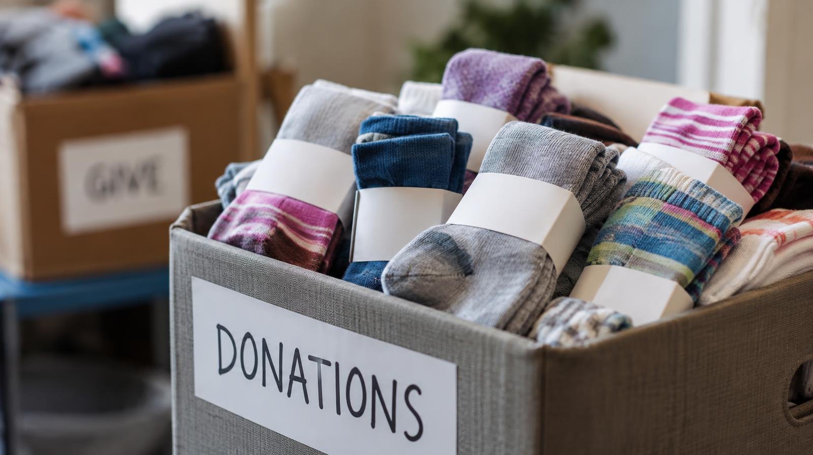 Colorful packaged socks stacked inside a donation collection bin.