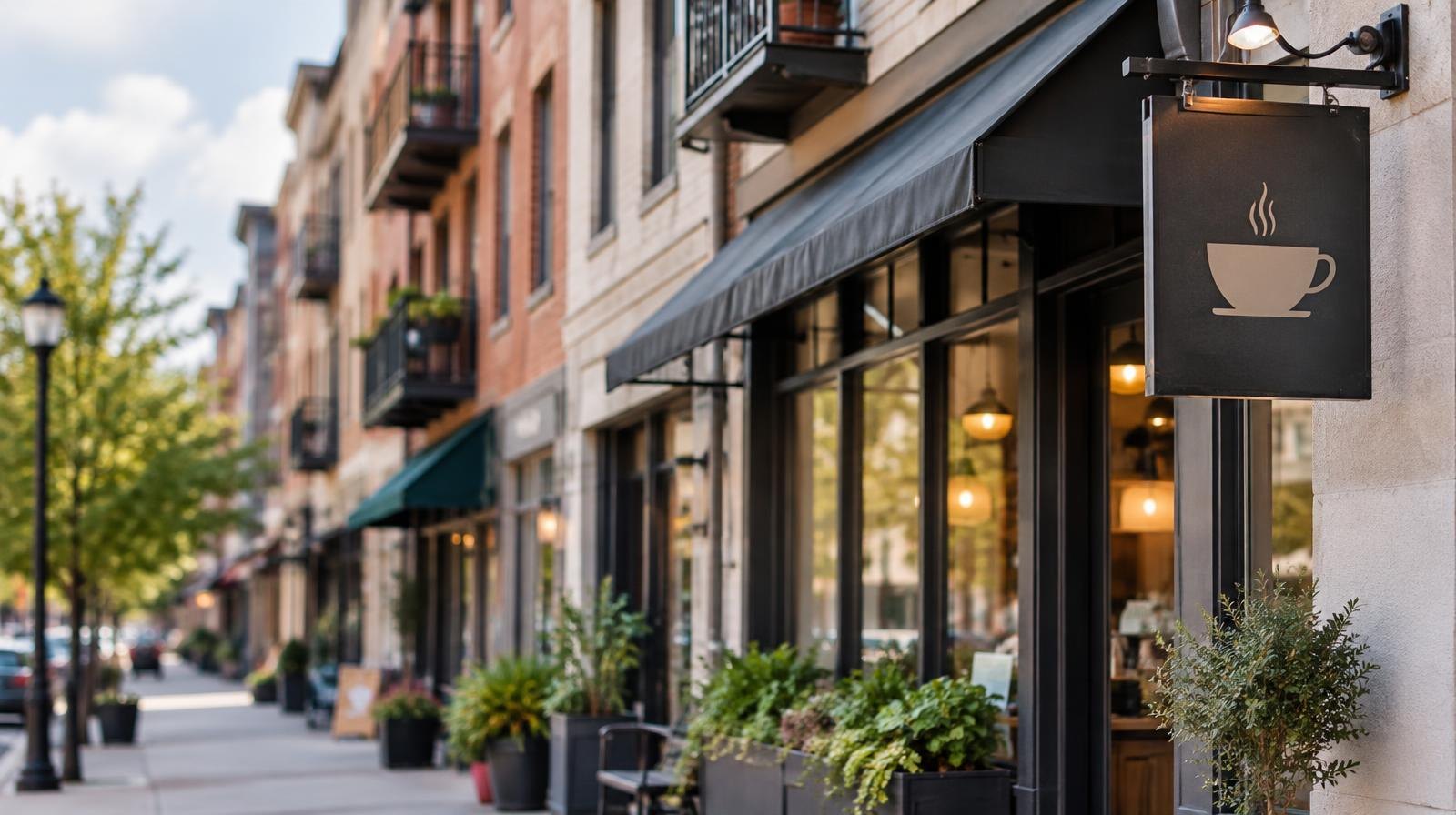 Row of mixed-use urban buildings with storefronts at street level and apartments above.