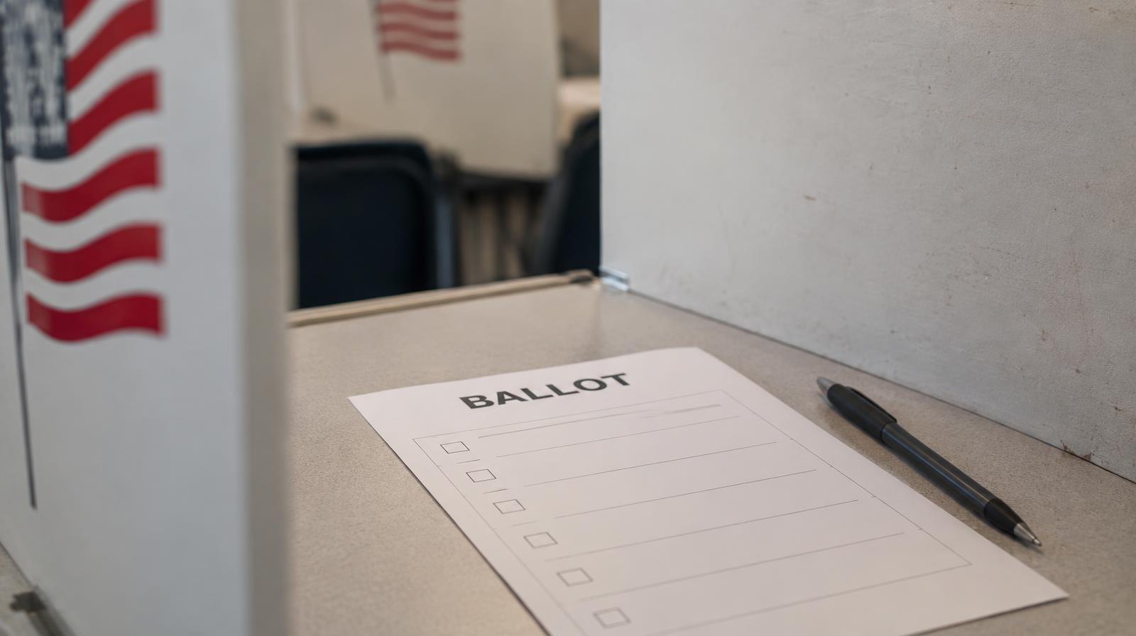 A blank paper ballot resting in a voting booth with a pen beside it.