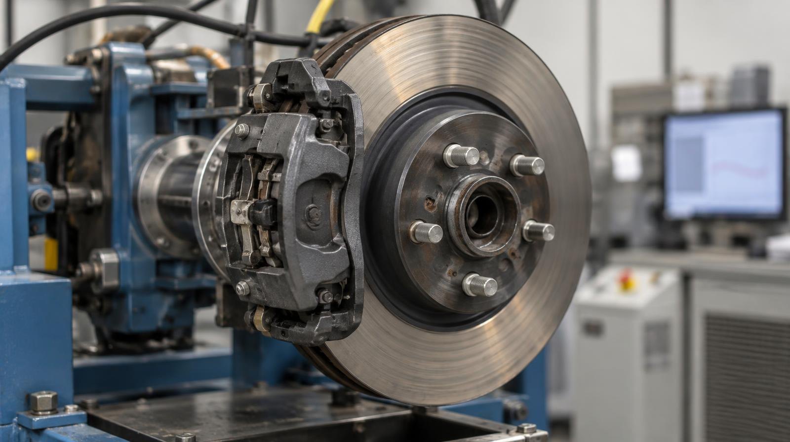 Brake disc and caliper assembly mounted on a dynamometer test rig.