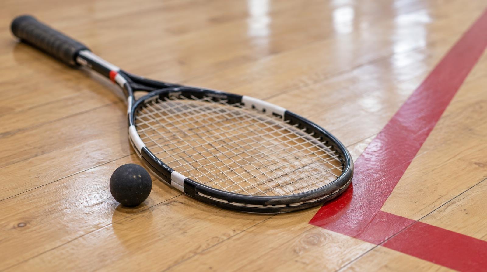 A squash racket and rubber ball on a hardwood court floor.