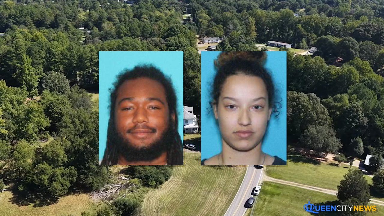 Two mugshot-style headshots overlaid on an aerial view of a wooded residential property.
