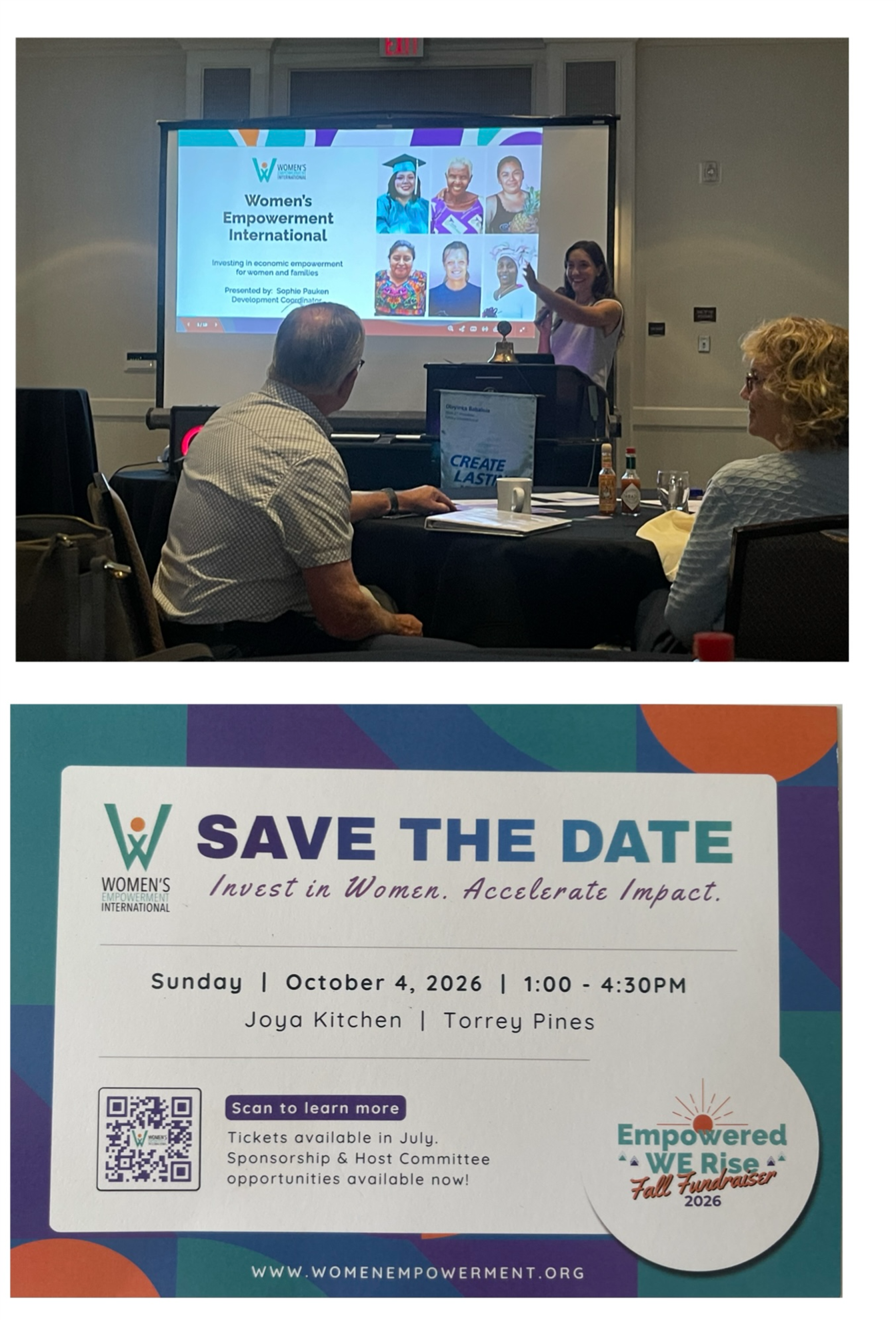 Composite image showing a presenter at a podium before a WEI slide and a Save the Date event flyer.