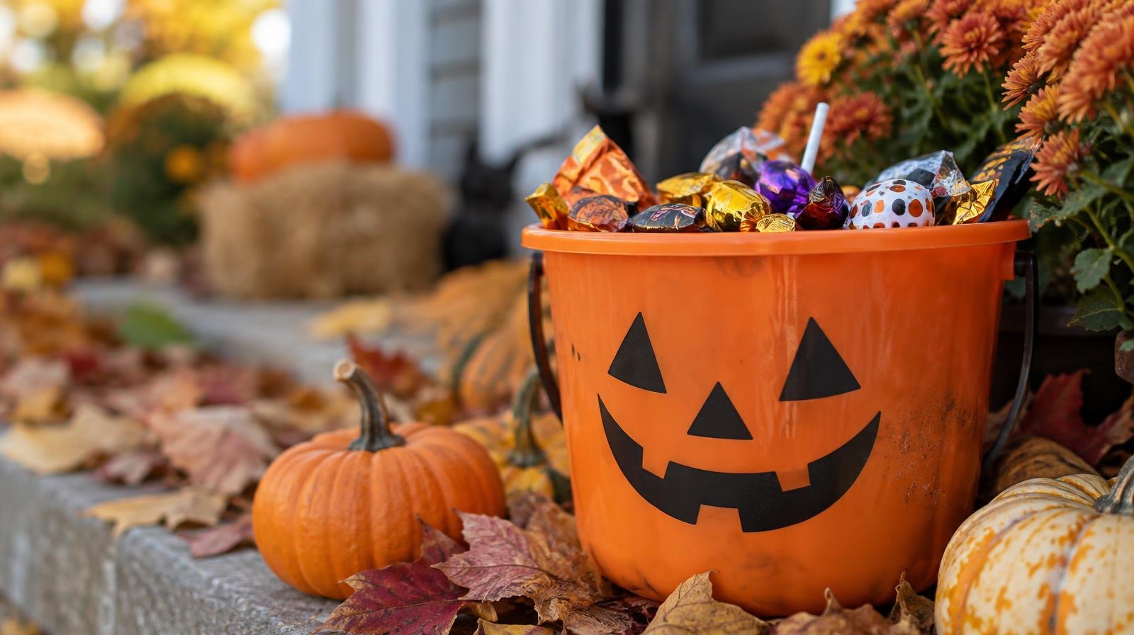 Orange Halloween candy bucket filled with wrapped treats beside small jack-o'-lanterns and fall leaves