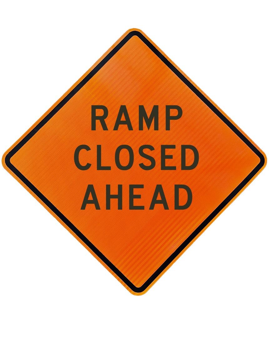 Orange diamond-shaped construction sign reading 'Ramp Closed Ahead' on white background.
