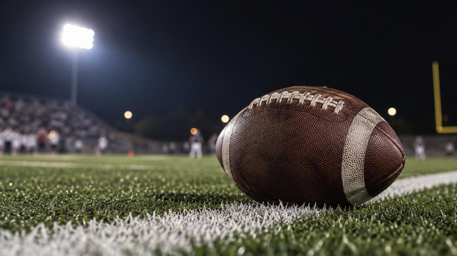 An American football on green turf beside a white yard line under stadium lights.