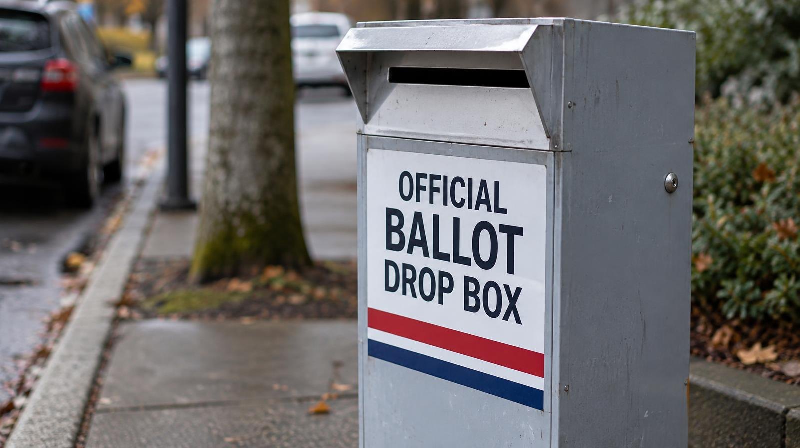 A gray metal ballot drop box with an envelope slot, standing on a sidewalk.